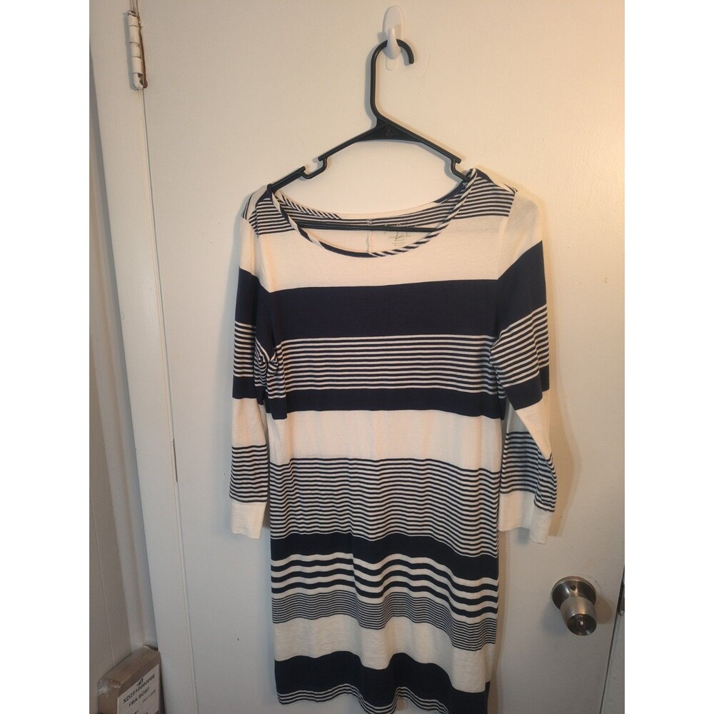 LILLY PULITZER 100% Pima Cotton Striped Knit Dress M Navy White 3/4 Sleeve Scoop